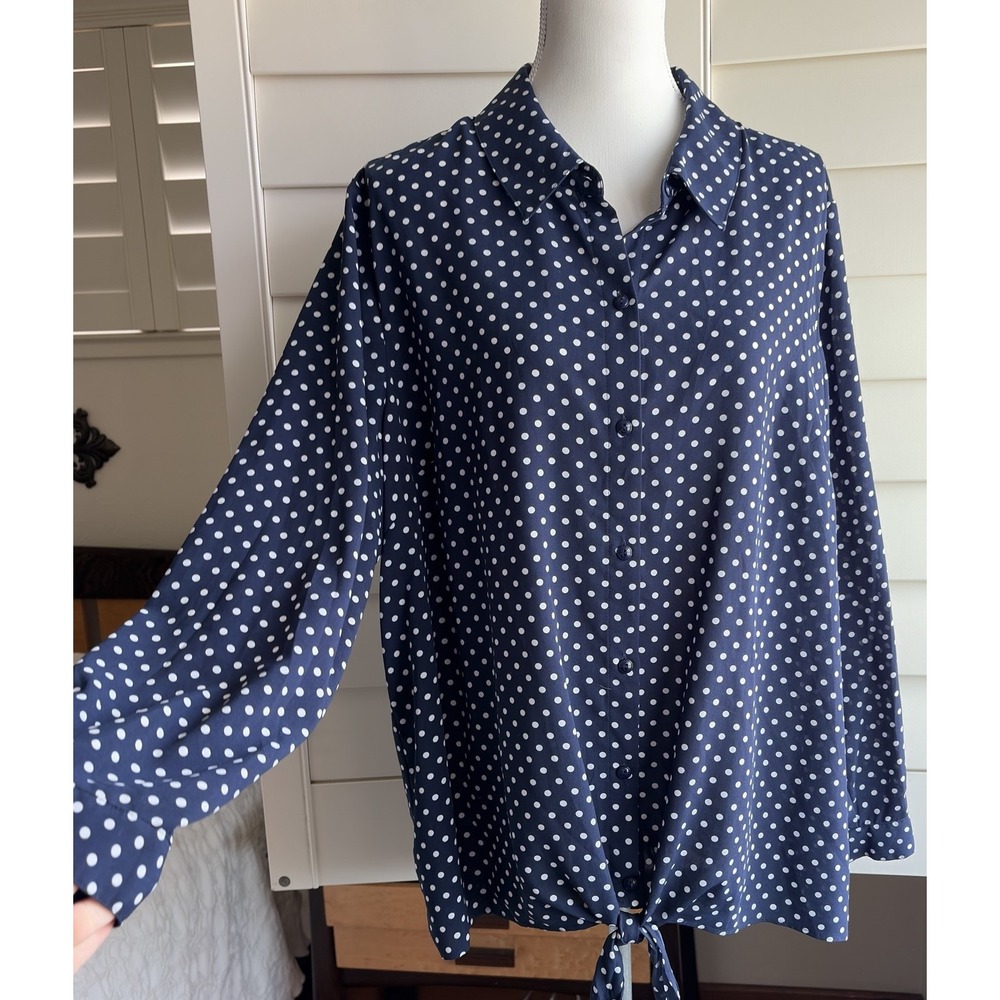 Susan Graver Women 20W Navy Polka Dot Tie Front Button Shirt Stretch Plus Size